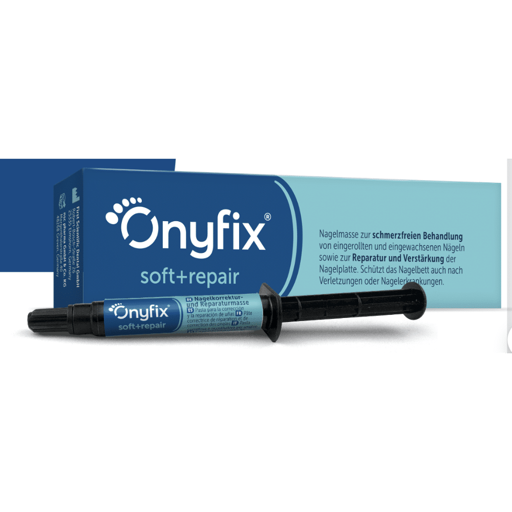 Onyfix soft+repair nail repair kit with blue box and syringe applicator