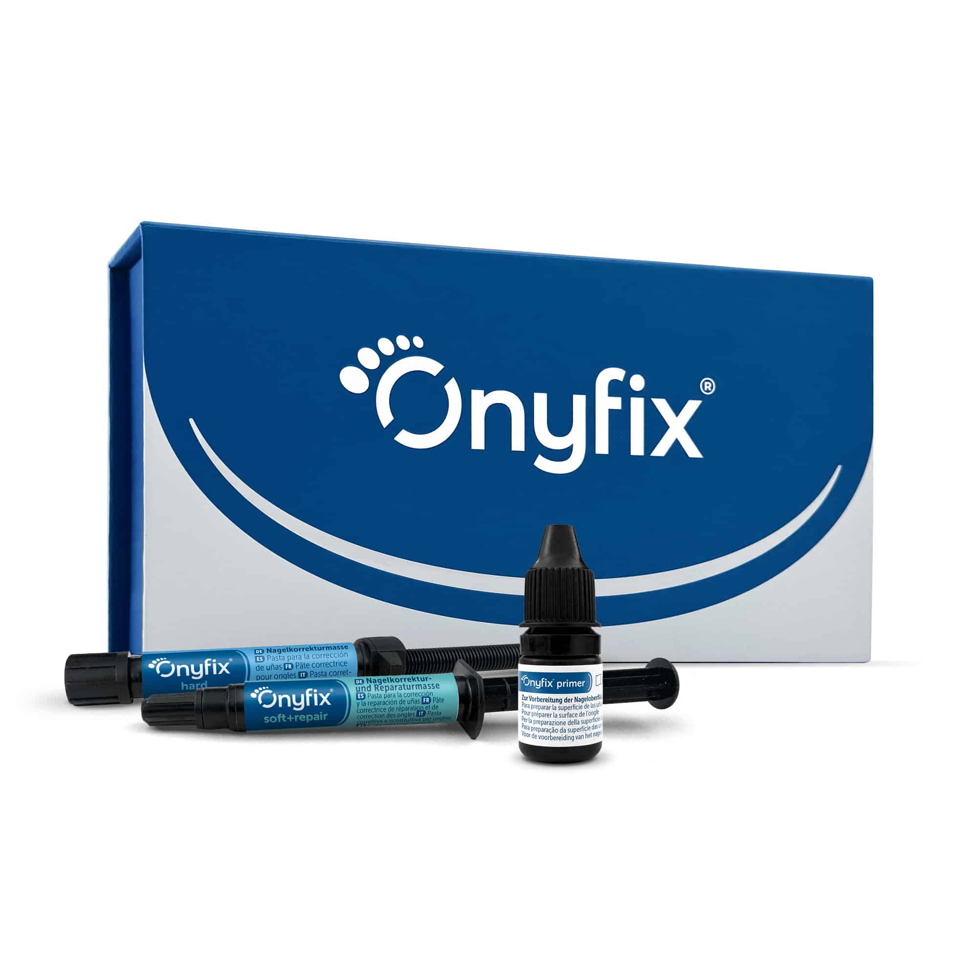 Blue Onyfix nail repair kit box with applicator syringes and a small bottle arranged in front of it.