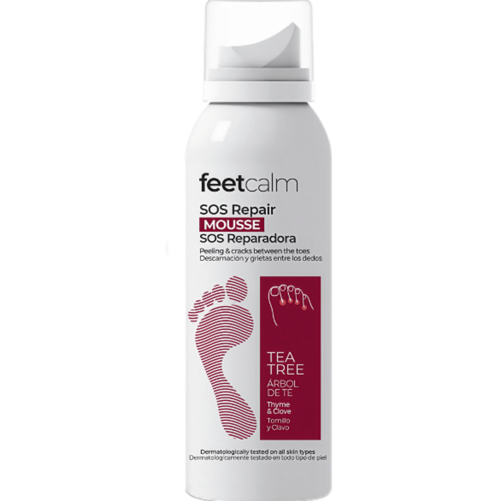 Bottle of feetcalm SOS Repair Mousse for peeling between toes, with tea tree label and maroon graphic panel