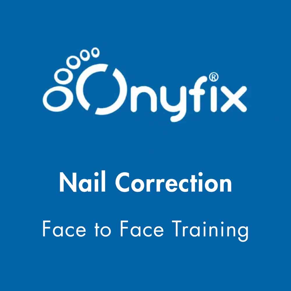 Onyfix nail correction training logo on a blue background with 'Nail Correction' and 'Face to Face Training' text